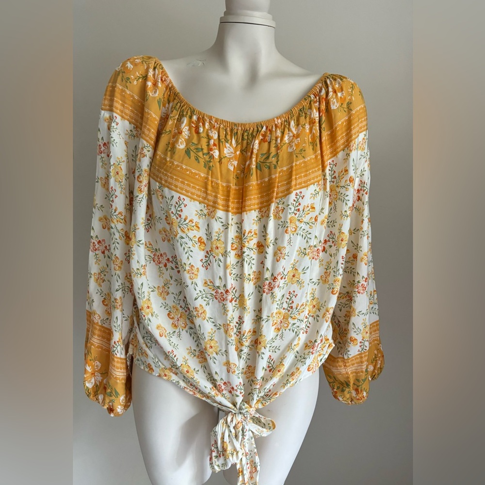 Umgee+ Peasant Boho Yellow Floral Off Shoulder Blouse Size 2XL
